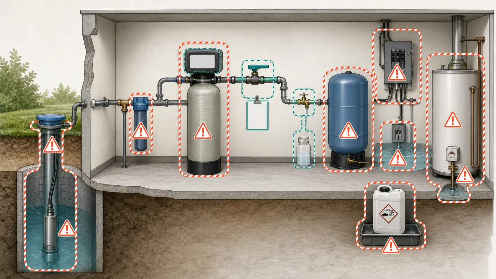 Safety boundary around energized pump controls, pressurized tanks, well opening, chlorine mixing, and hot water equipment