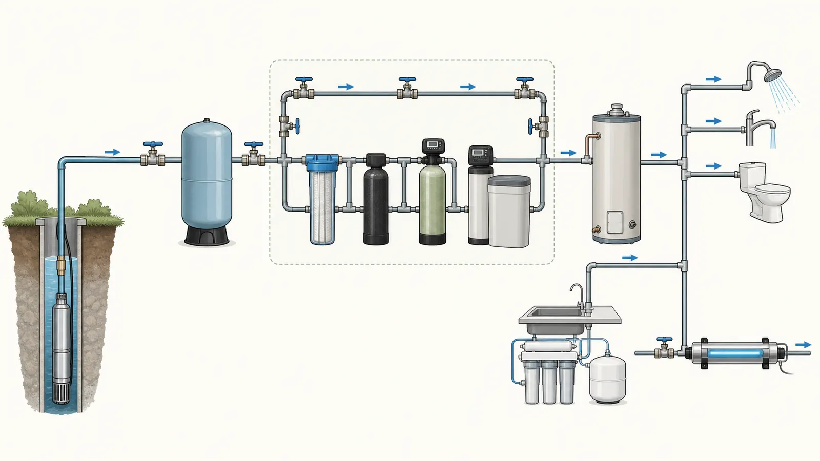 Private-well flow path showing the well, pump, pressure tank, treatment equipment, water heater, and faucets