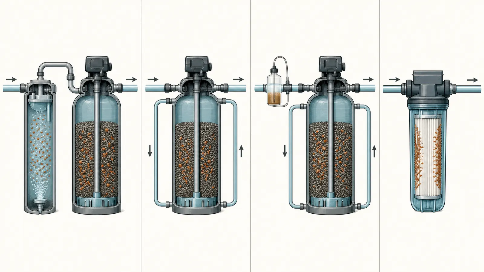 Cutaway separating air, oxidizing media, chemical, and cartridge filter waste streams