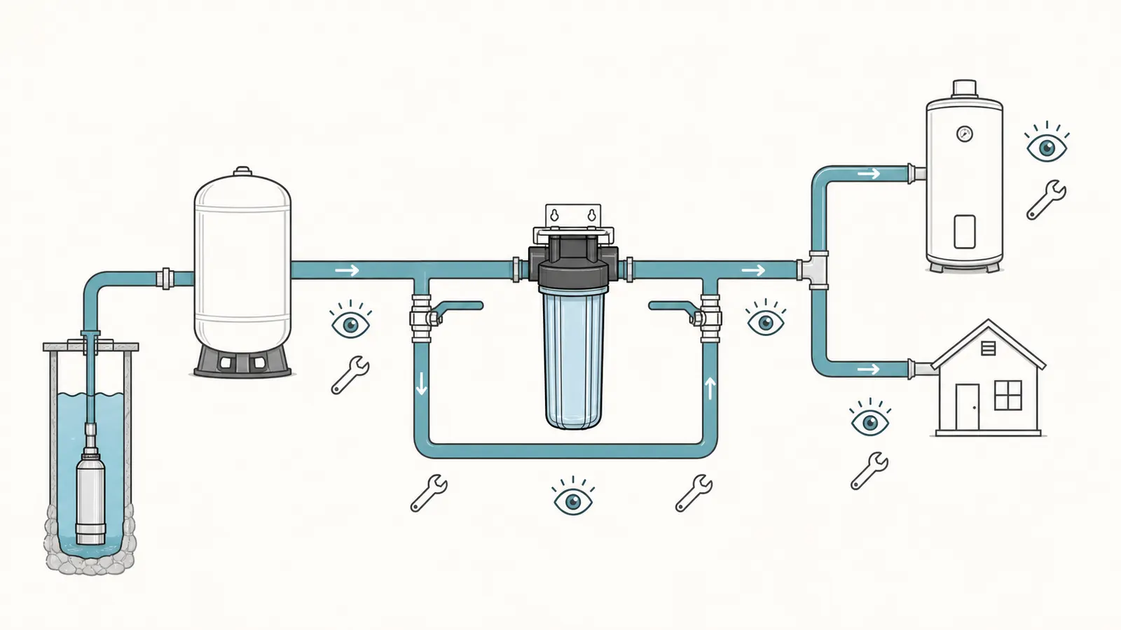 Private-well plumbing path showing pressure tank, filter, bypass, heater, and household cold and hot branches