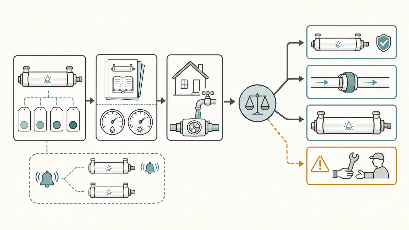 Decision map connecting model label, rated flow, validated dose, measured flow, and the resulting homeowner action.