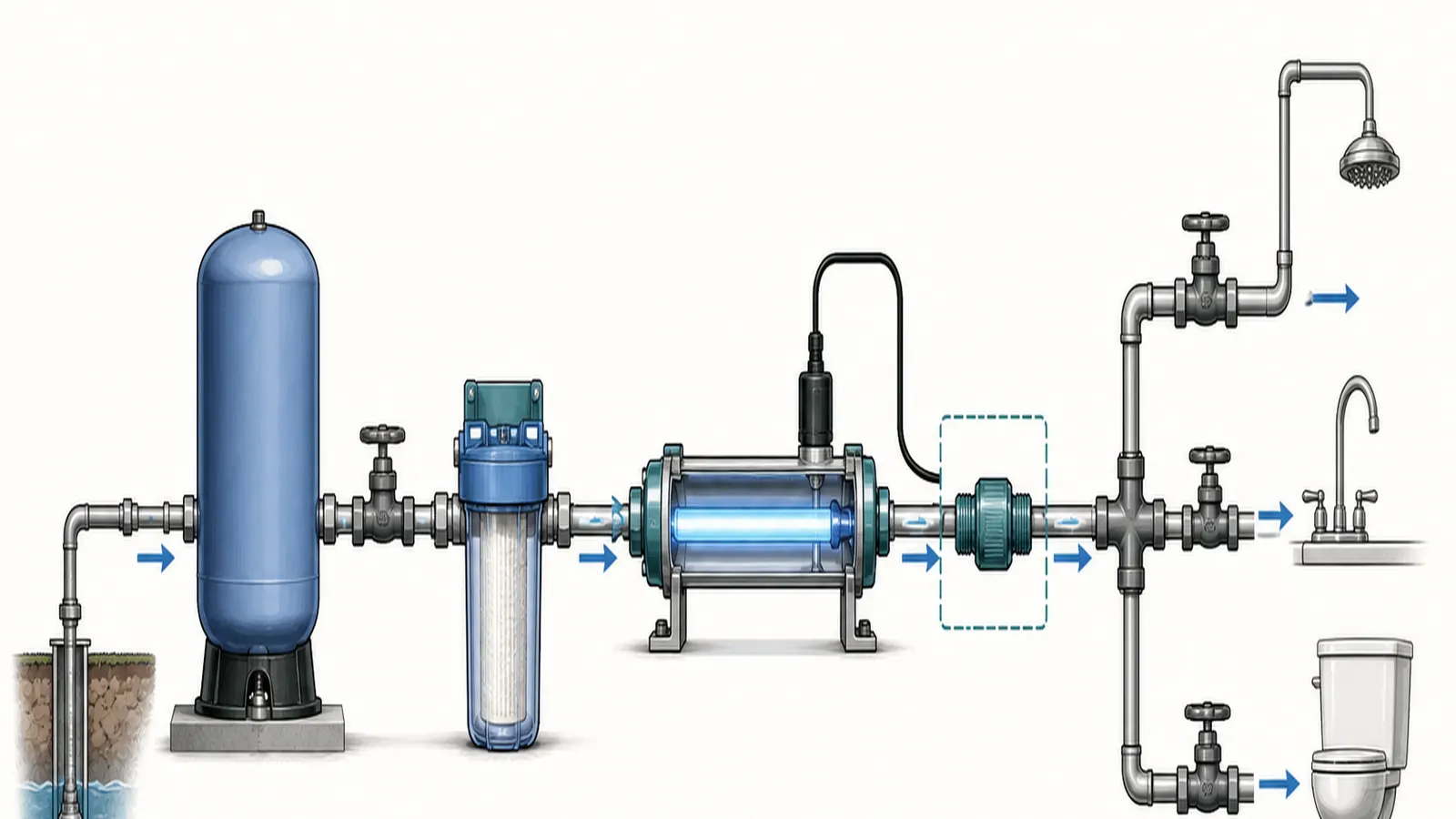 A labeled well-water treatment path showing prefilter, UV chamber, outlet flow restrictor, and household fixtures.