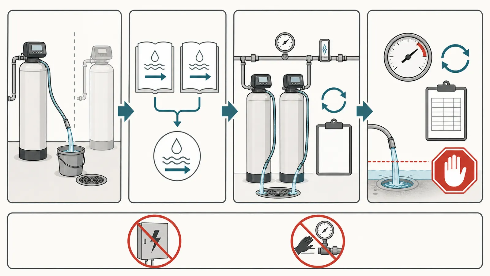 Safe observation sequence for timing a treatment drain into a bucket and recording pressure.