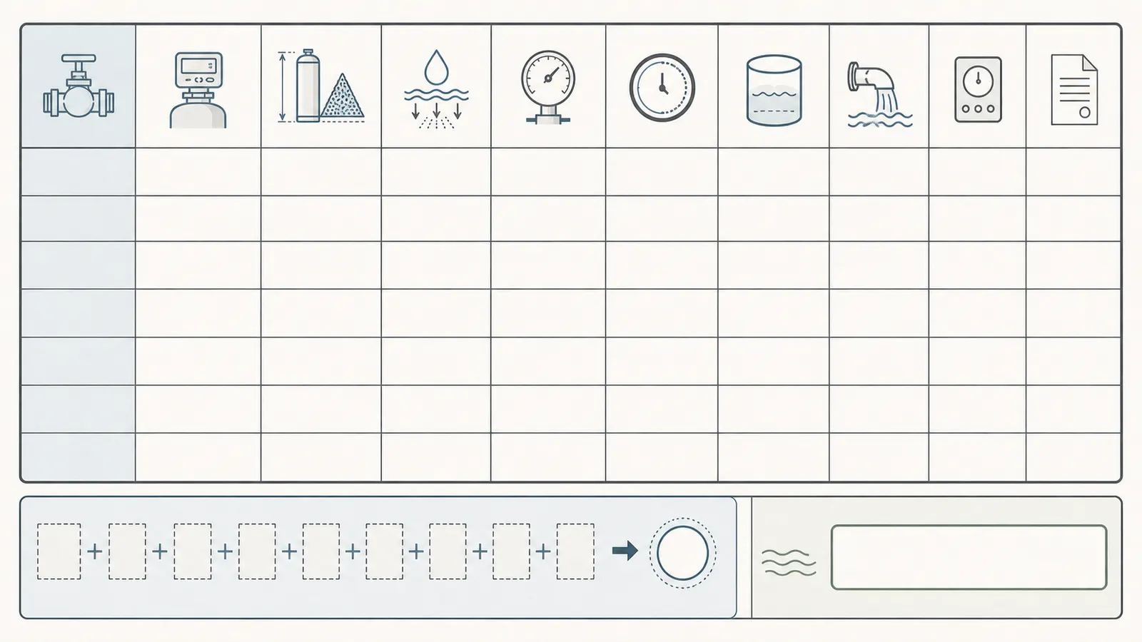 Worksheet rows for iron filter, softener, neutralizer, or other valve flow, duration, pressure, and drain data.