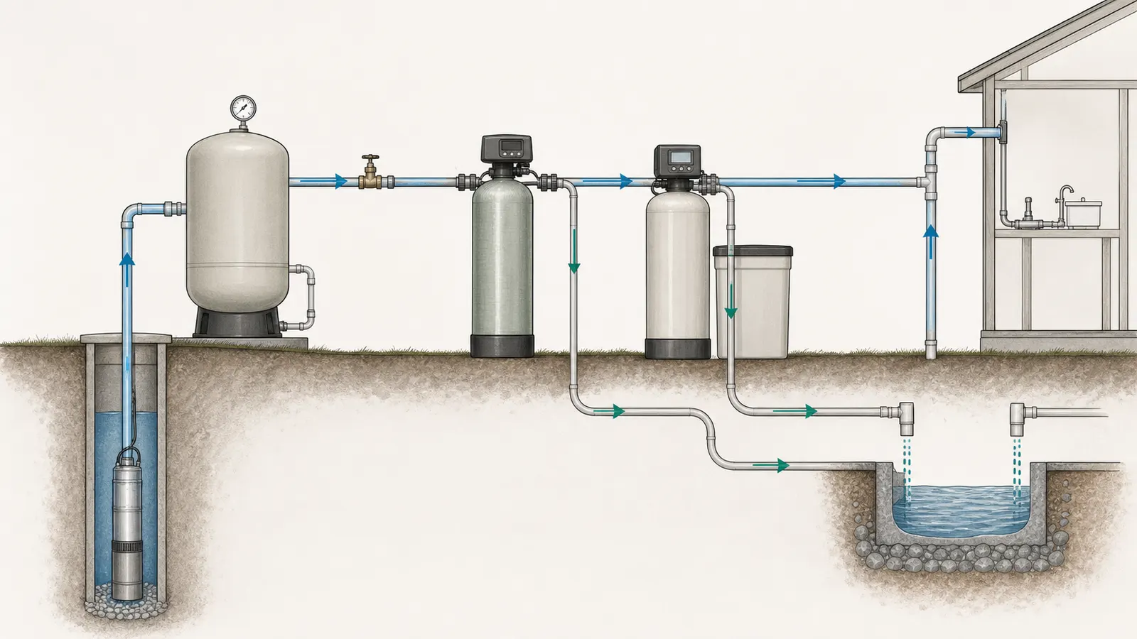 Cutaway of a well pump, pressure tank, treatment valves, separate drain lines, and air gaps.
