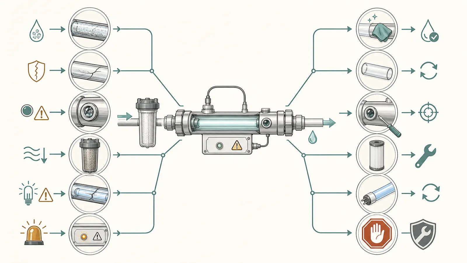 Decision map separating sleeve fouling, dirty sensor, clogged prefilter, aging lamp, leak, and persistent alarm