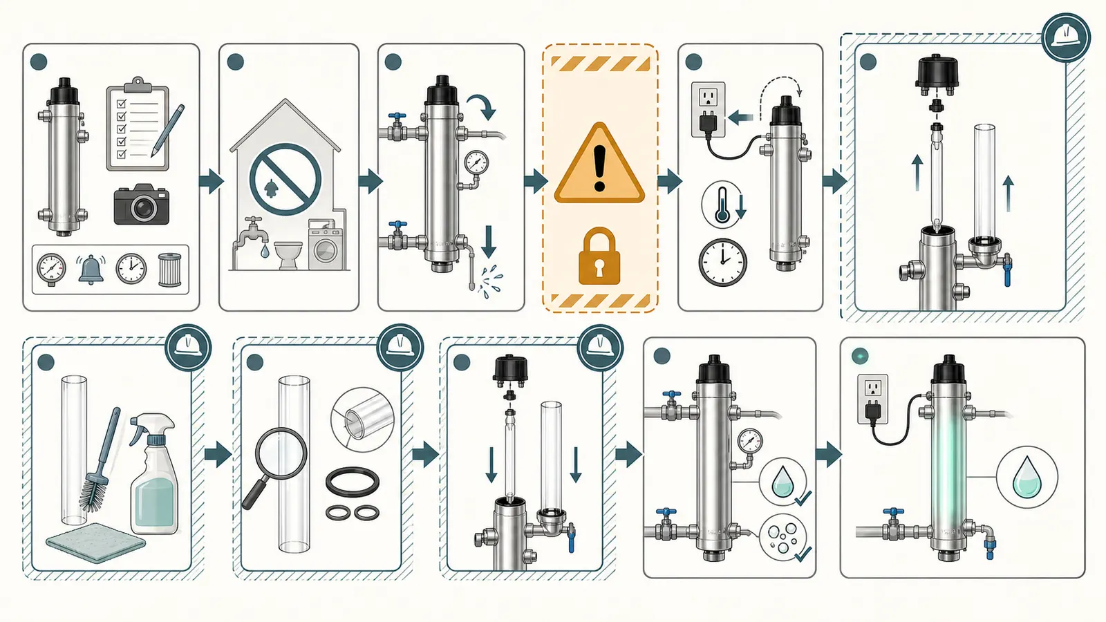 Safe service sequence from recording model data through isolation, cooling, cleaning, and inspection
