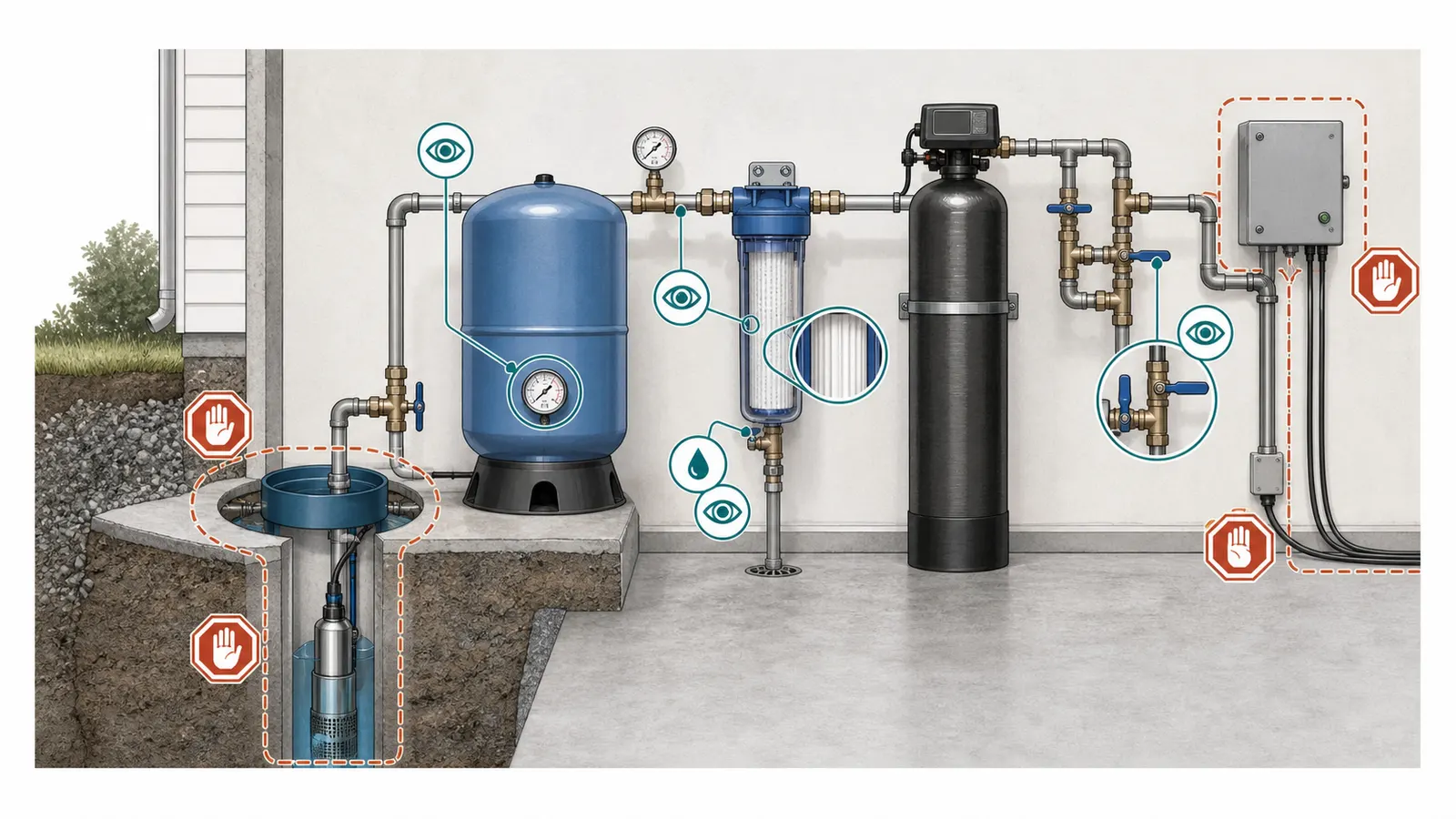 Safe homeowner observation boundary around filter housings, bypass valves, controls, and pressure tank
