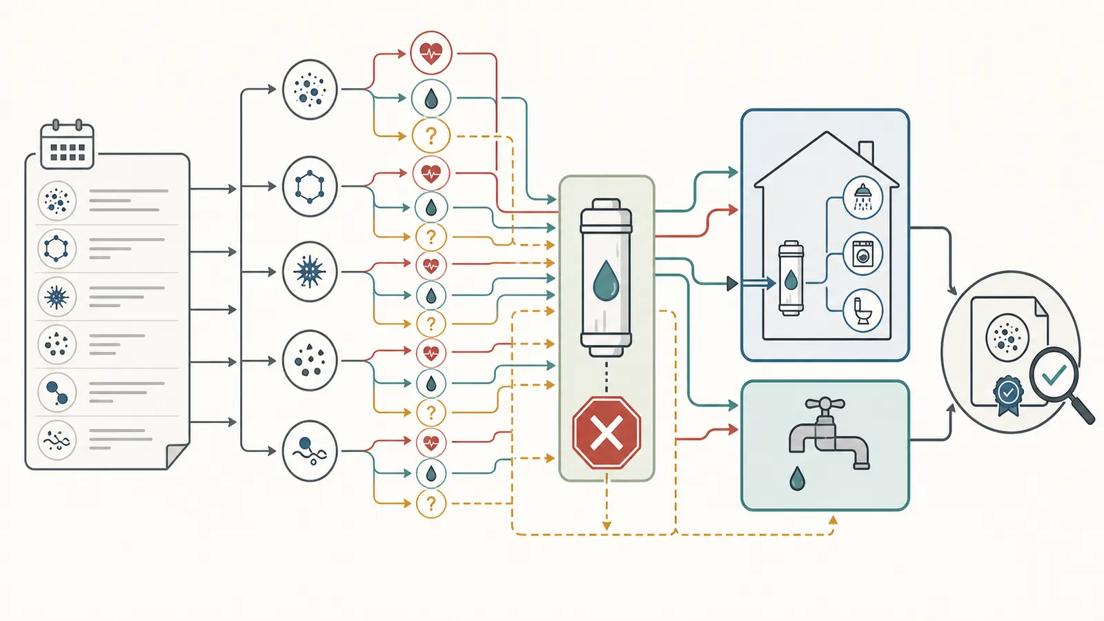 Decision map separating health contaminants, aesthetic concerns, whole-house coverage, and point-of-use coverage
