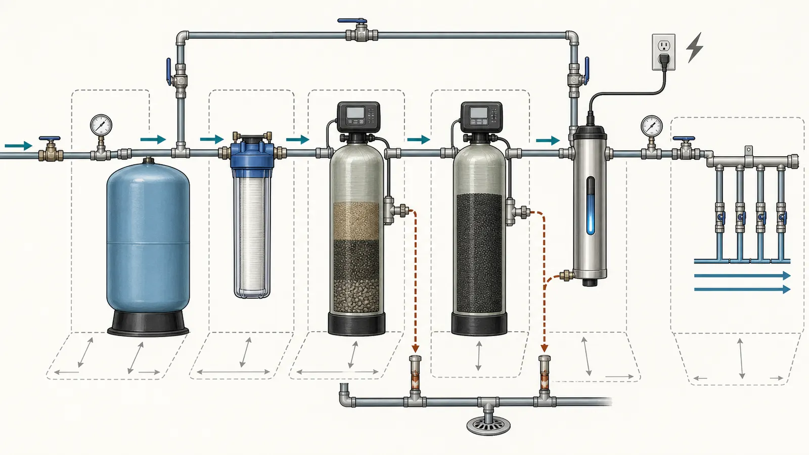 Cutaway of a pressure tank, treatment train, gauges, bypass, drain, and electrical connection