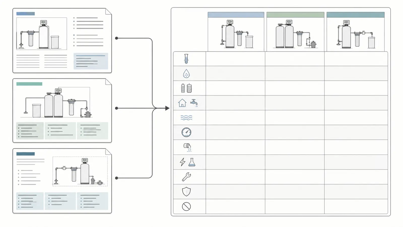 Three whole-house well-water treatment quotes normalized into source, treatment stages, flow, and ownership fields