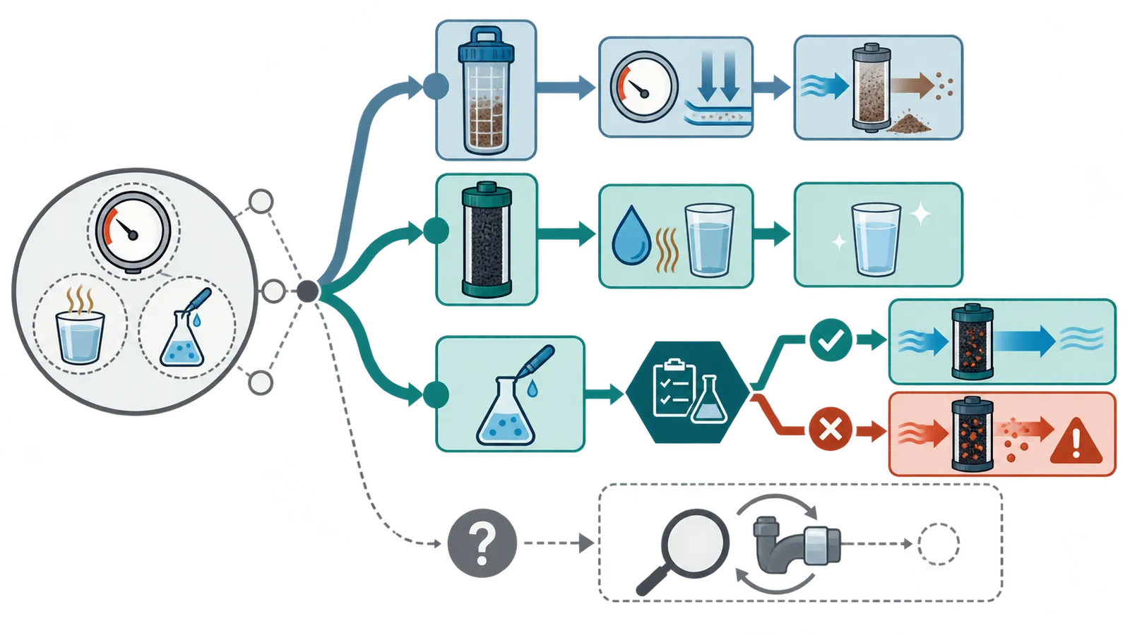 Decision map separating a prefilter pressure loss from carbon breakthrough and from an unverified taste or odor change