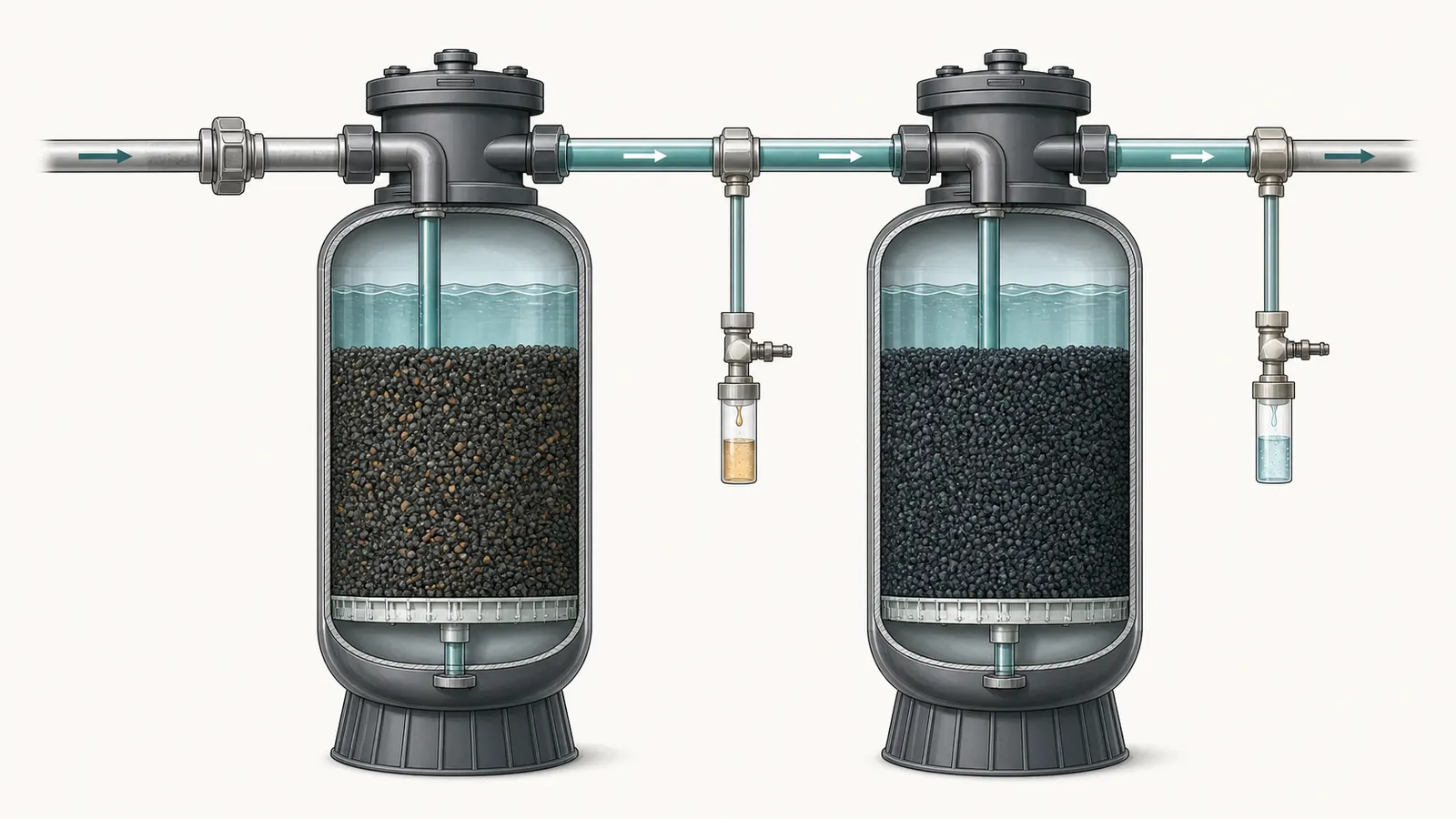 Lead-lag GAC cutaway with raw, between-tanks, and treated-water sample points and breakthrough sequence