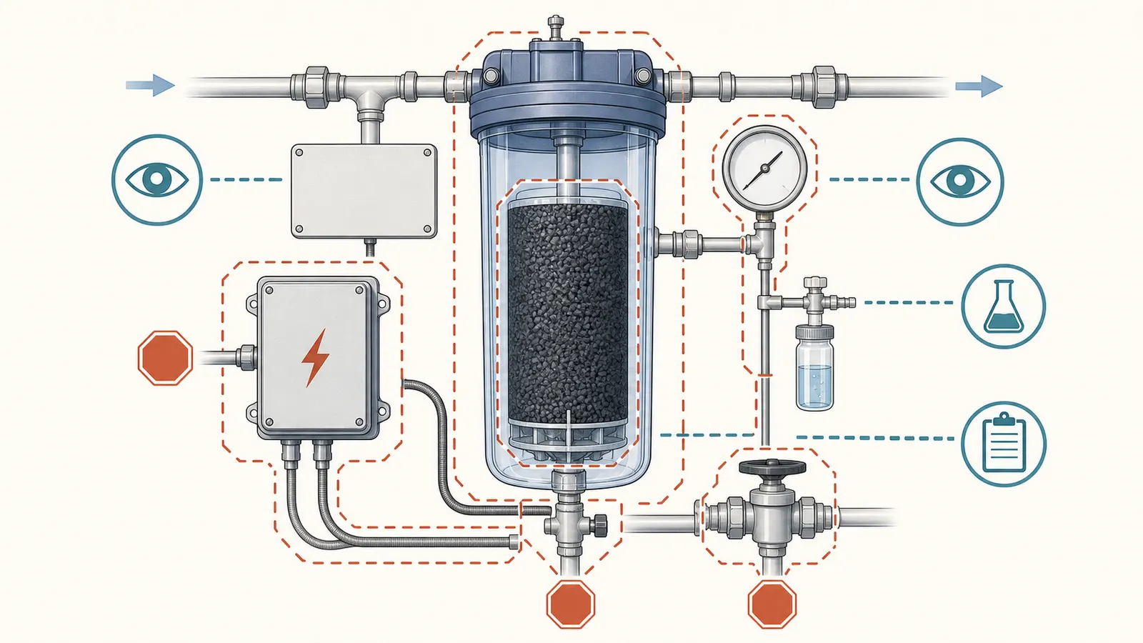 Homeowner-safe observation boundary around a carbon tank, pressure gauges, valve controls, electrical transformer, and pressurized plumbing