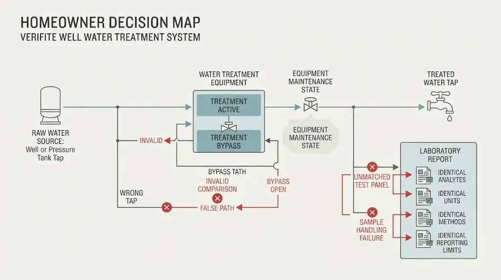 Decision map showing untreated and treated sample points converging on a matched laboratory comparison