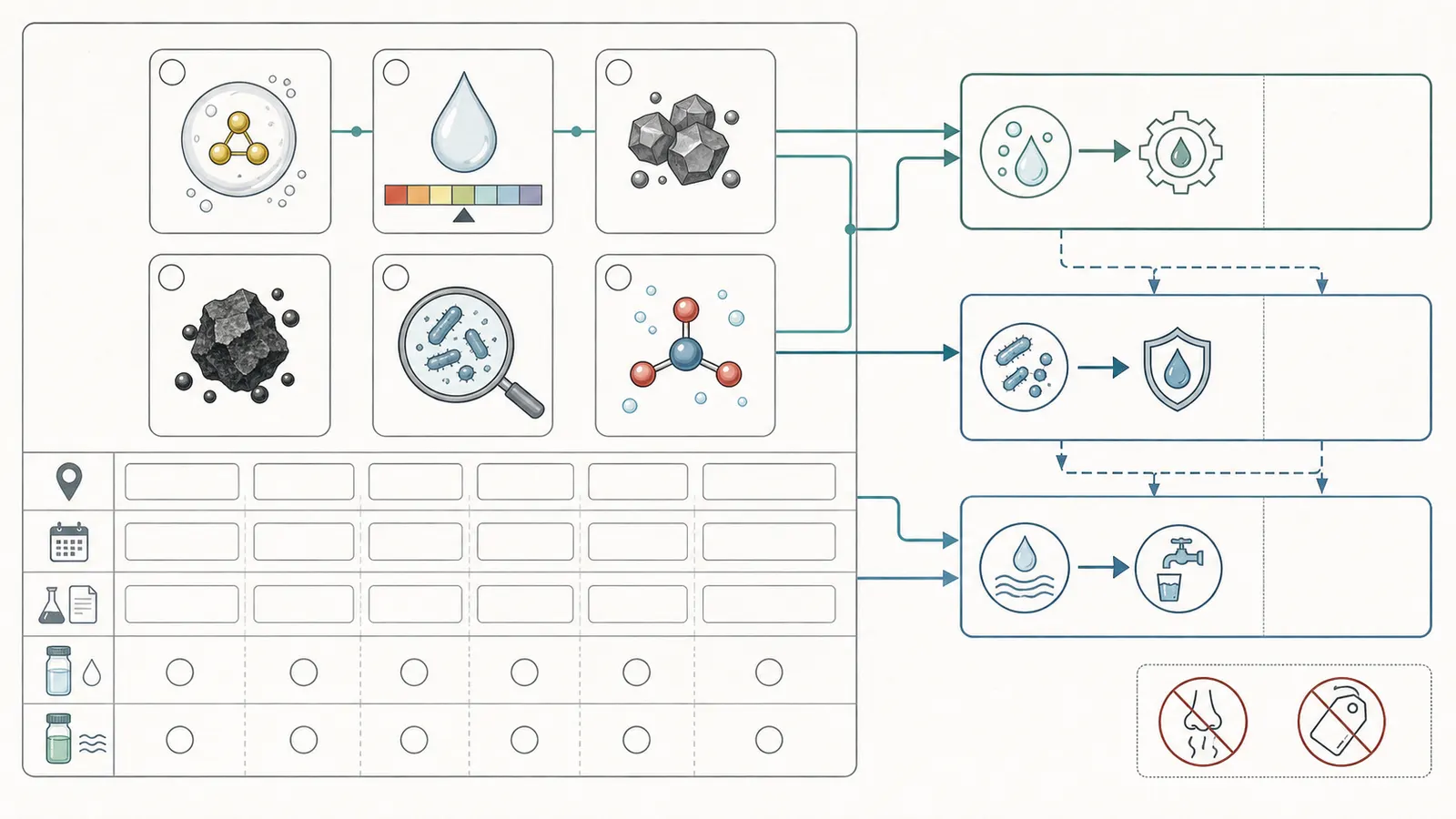 Test-input worksheet for hydrogen sulfide, pH, iron, manganese, bacteria, and nitrate