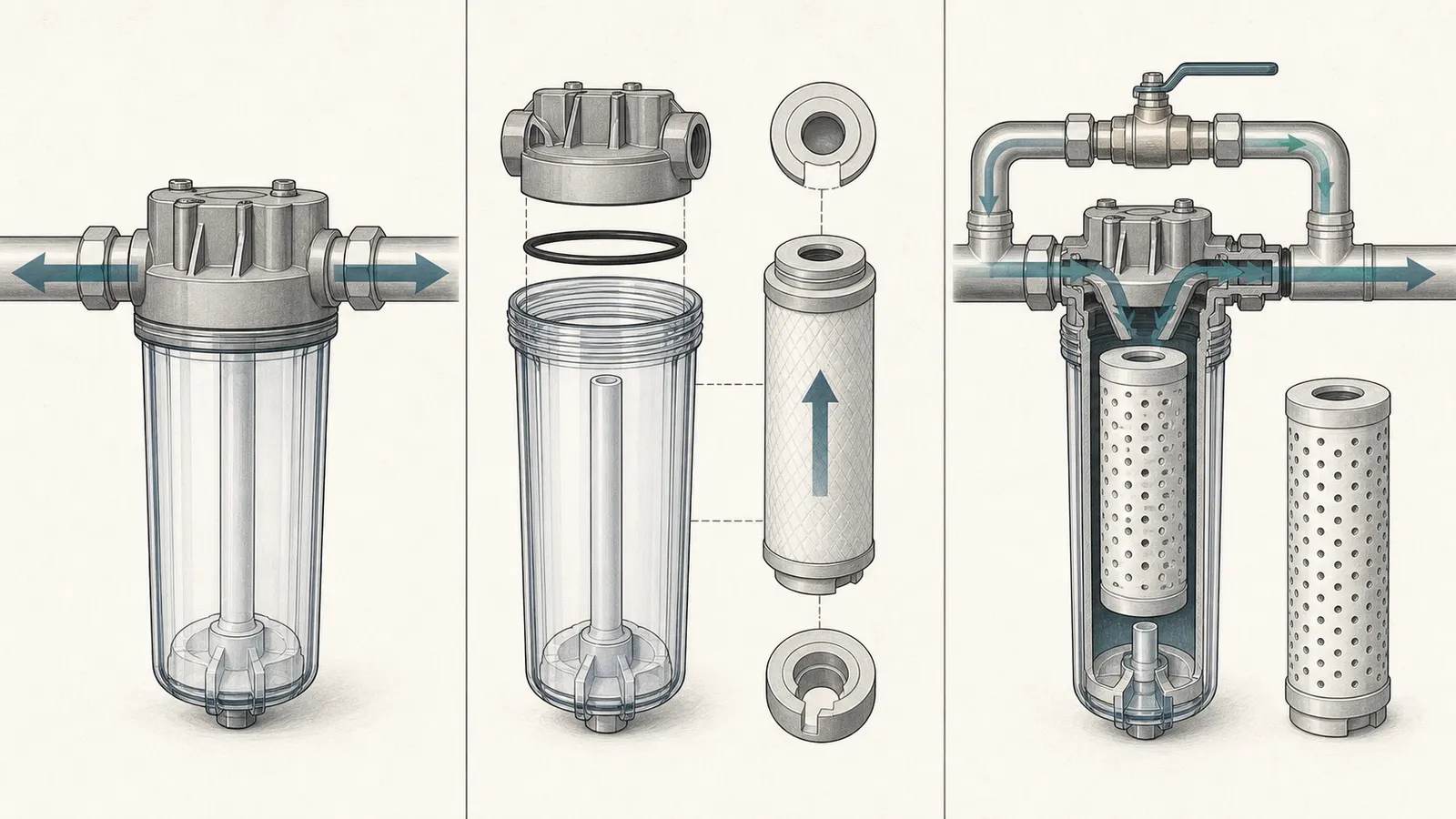 Cutaway comparison of filter-head direction, cartridge orientation, and bypass routing
