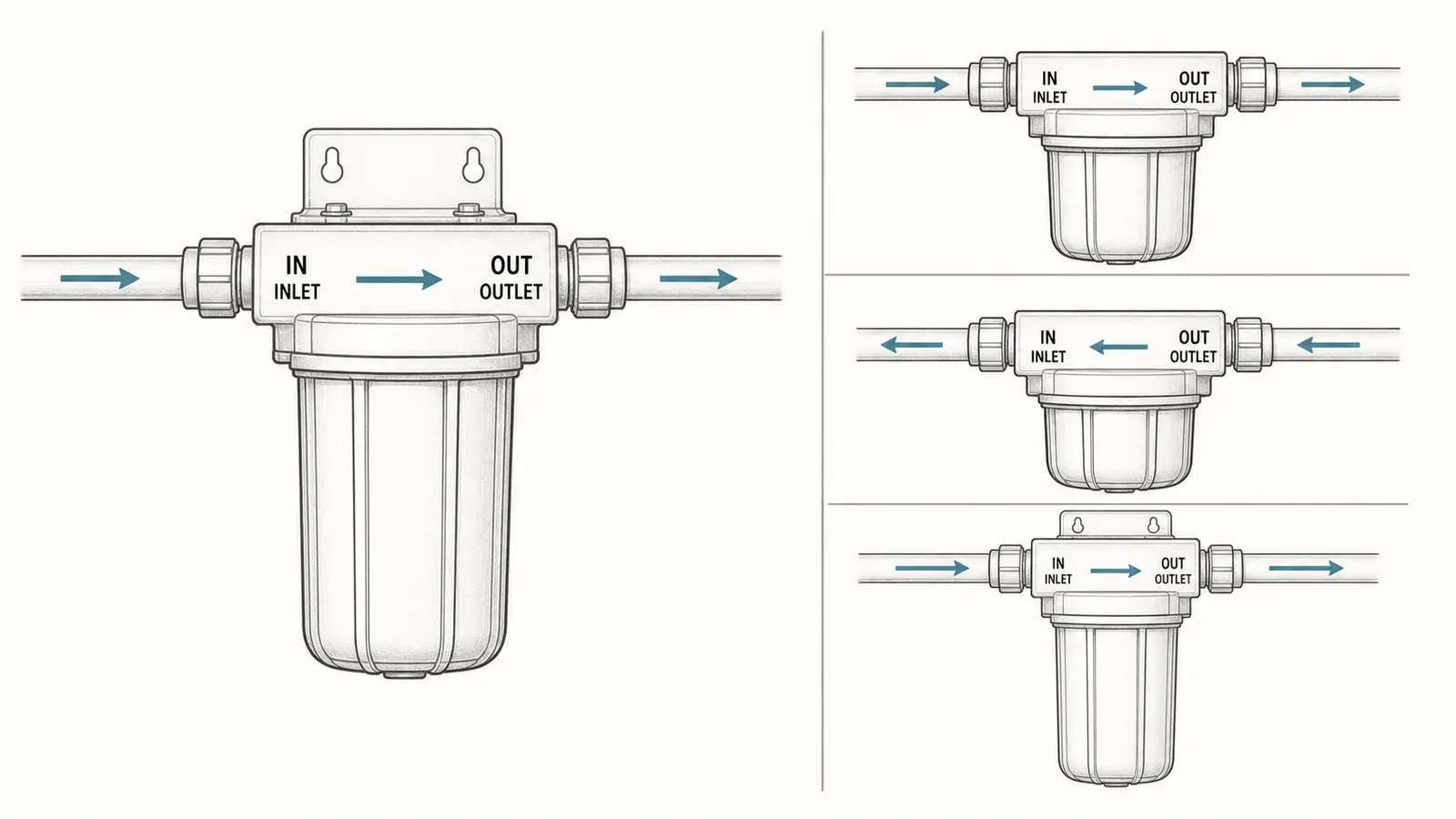 Whole-house filter diagram tracing source water to the marked IN port and house water from OUT