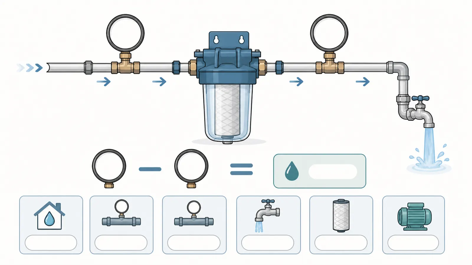 Before-and-after filter pressure comparison at the same cold-water demand