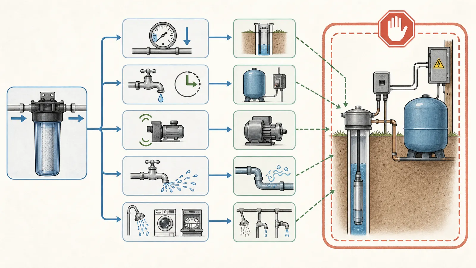Well-aware boundary separating filter restriction from pump, pressure tank, and source recovery clues