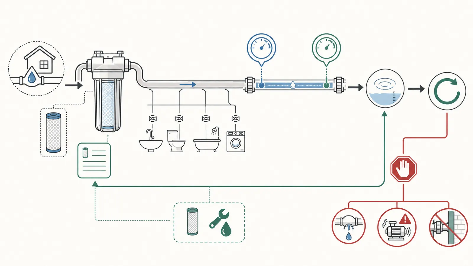 Repeatable flow test from quiet baseline through timed draw to matched inlet and outlet readings