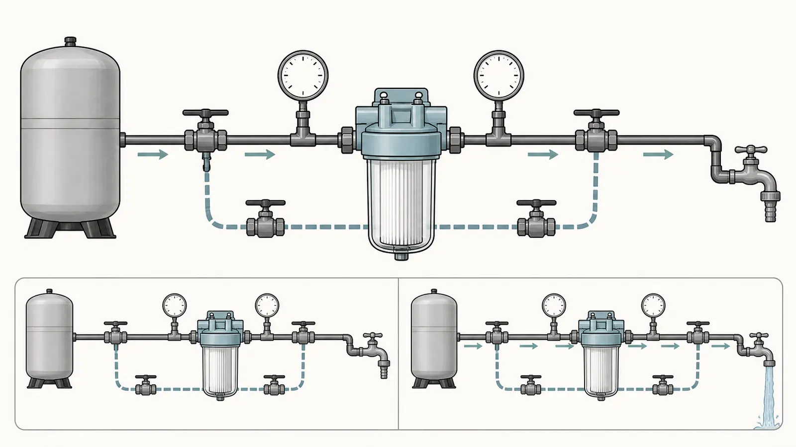 Whole-house filter diagram with housing-side pressure taps and flow direction