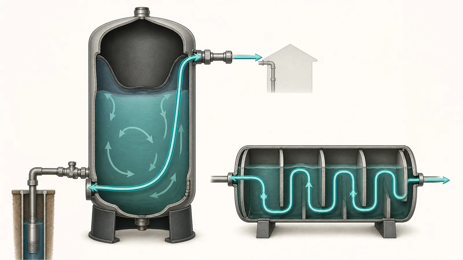 Cutaway showing fresh chlorinated water bypassing water already held in a pressure tank during simultaneous pumping and use
