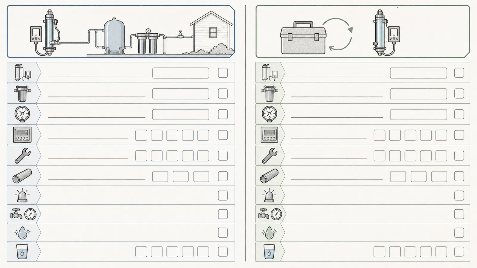 Side-by-side installation baseline and service-event record fields for a private-well UV system