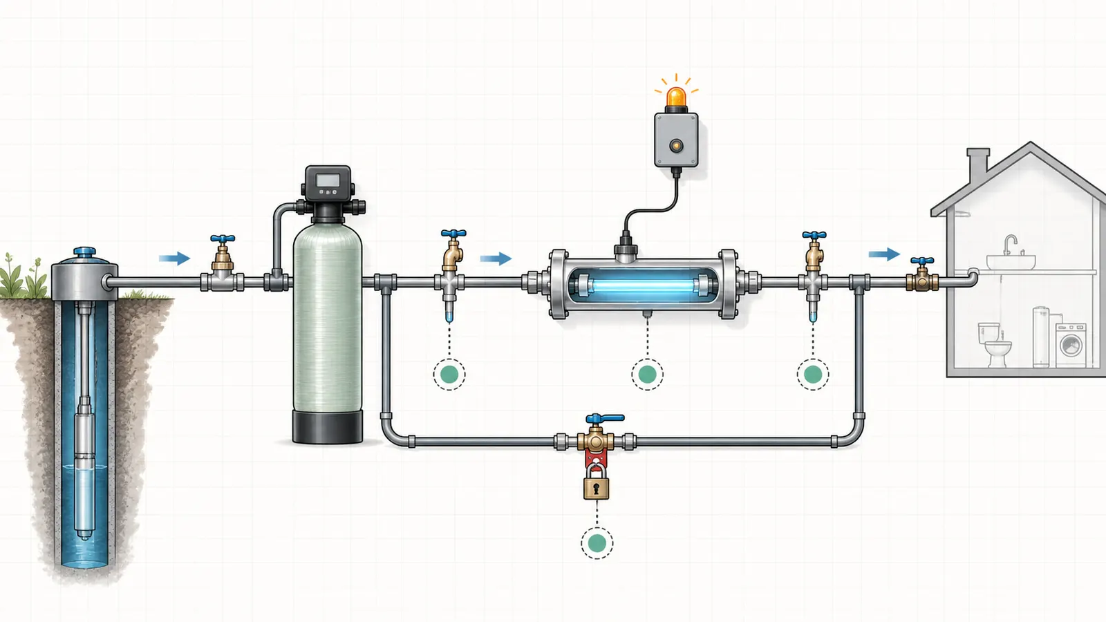 Private-well treatment train showing pretreatment, raw and treated sample taps, UV chamber, and bypass