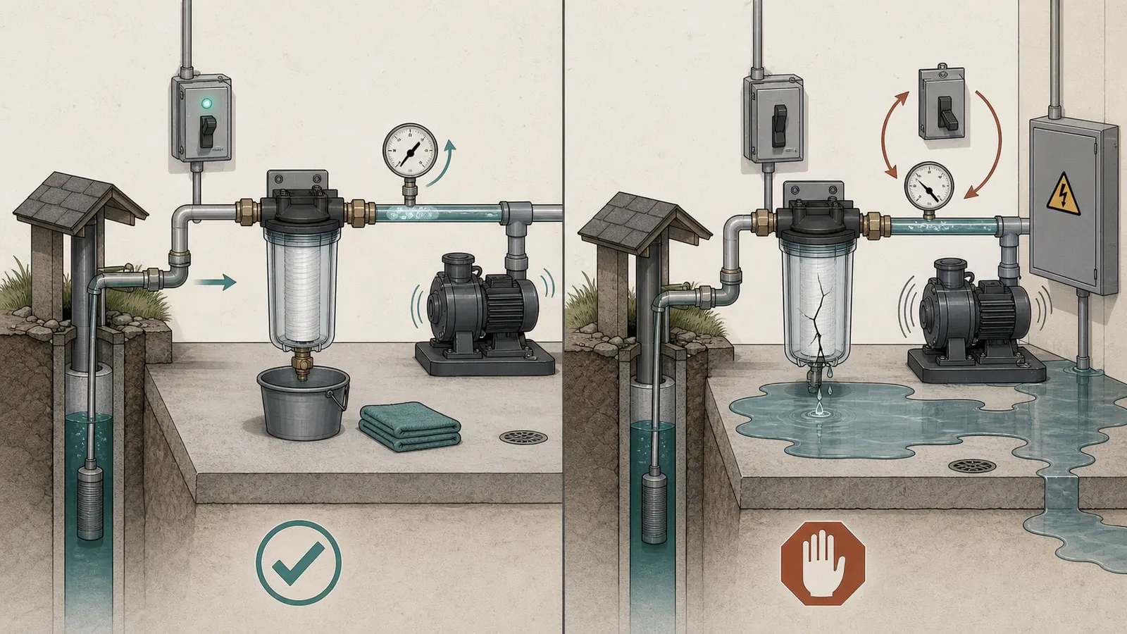 Good restart and leak-check sequence compared with stop conditions after a filter cartridge change
