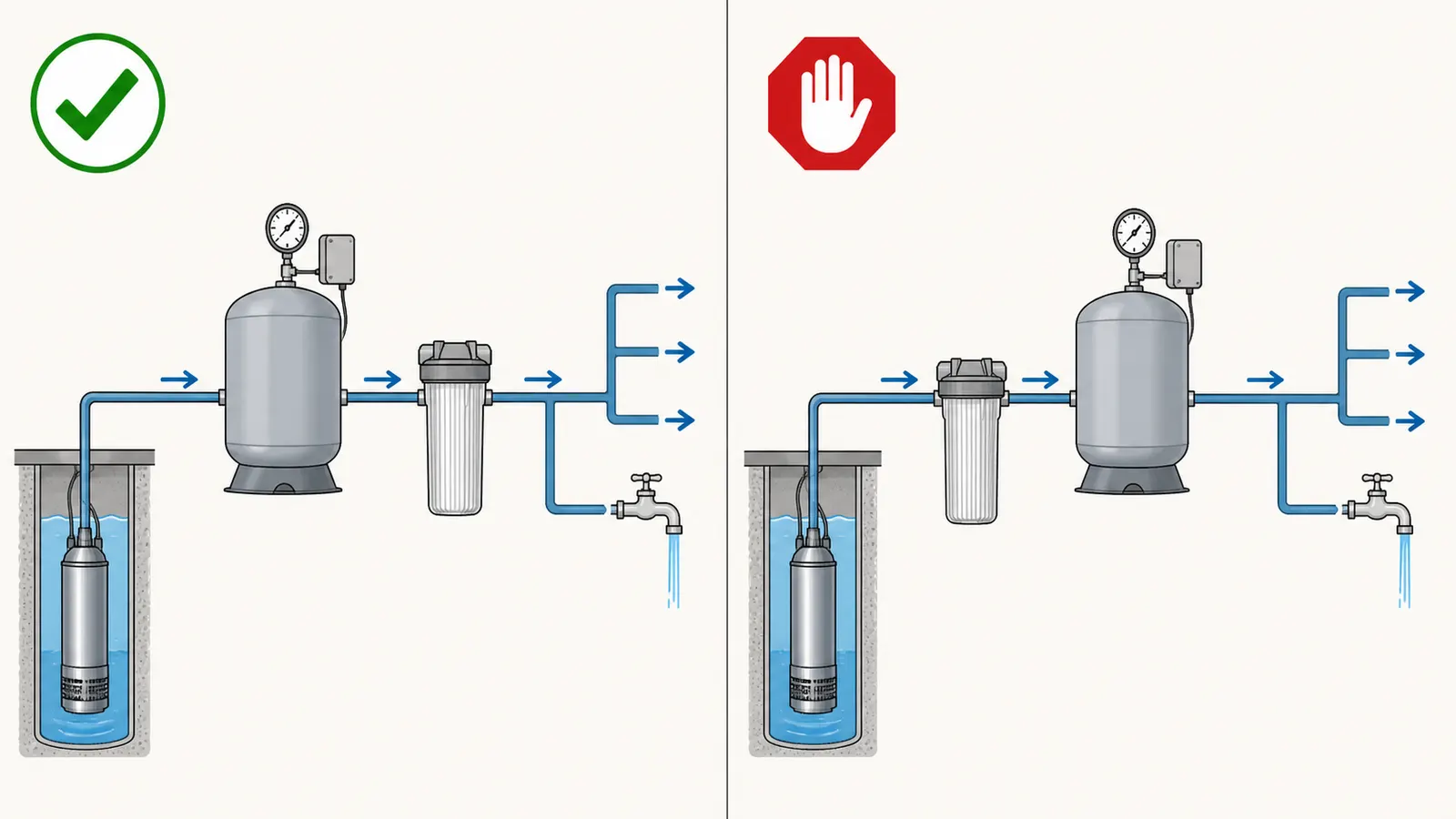 Private-well flow diagram showing the pump, pressure tank, filter, fixtures, and the safe service position