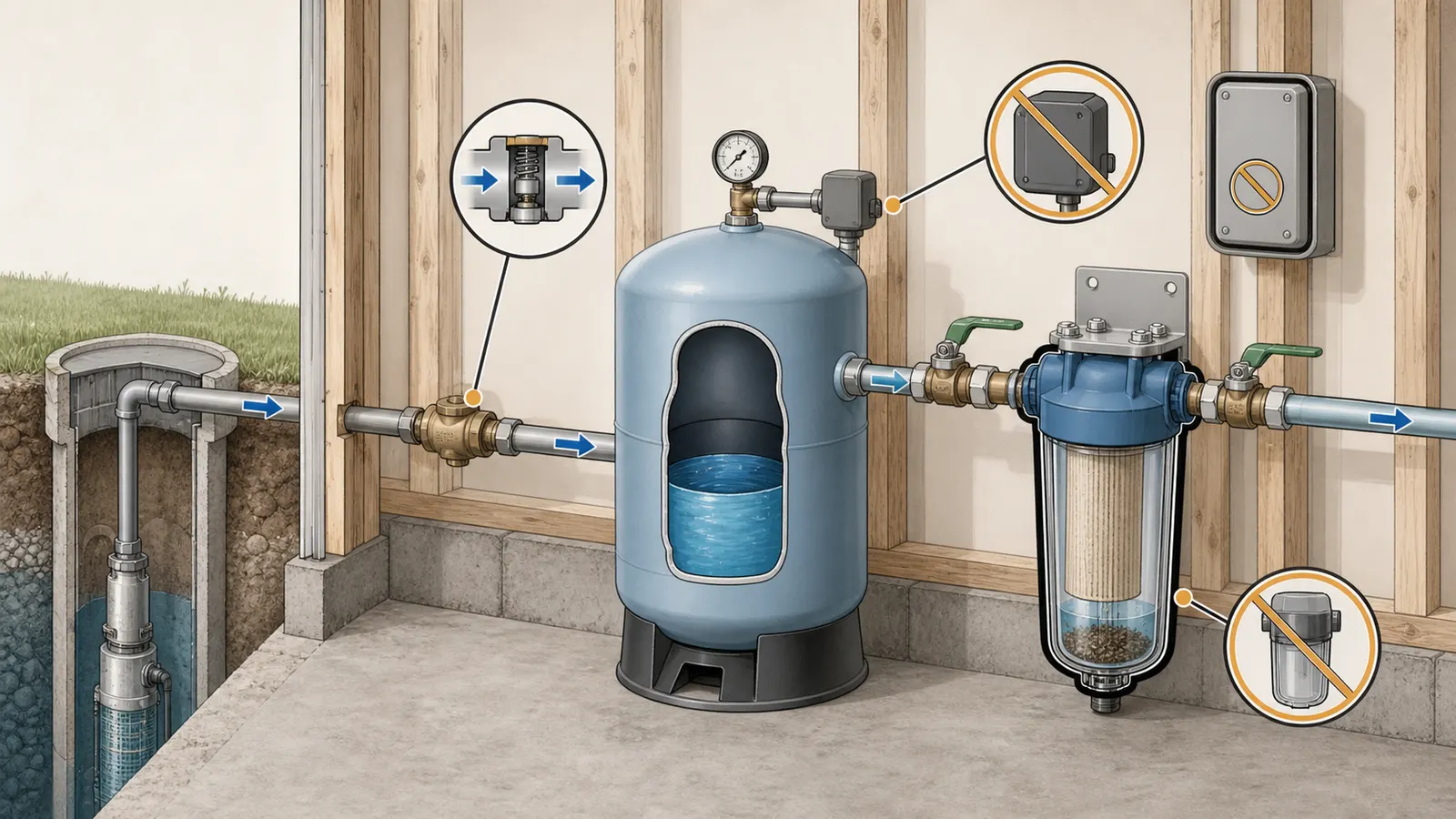 Safe exterior observation checklist for tracing well water flow without opening controls or pressurized housings.