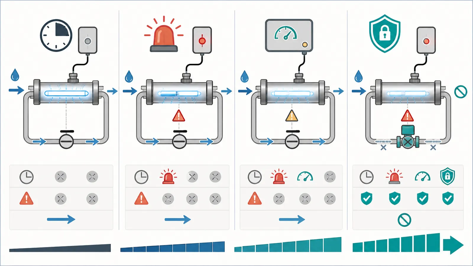 Comparison of a lamp timer, lamp alarm, UV-intensity monitor, and automatic shutoff