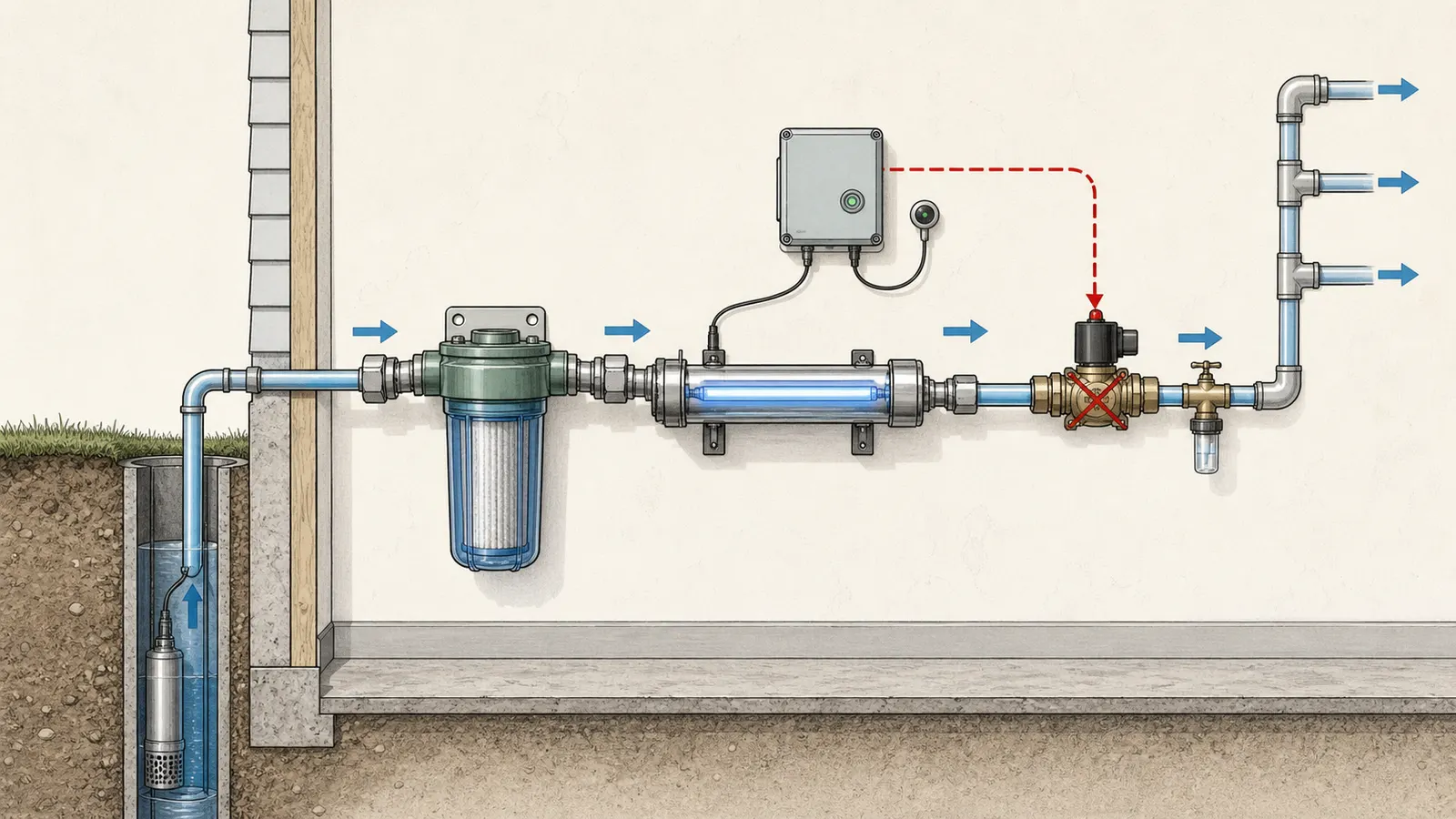 Private-well treatment train with pretreatment, UV chamber, monitor, and shutoff