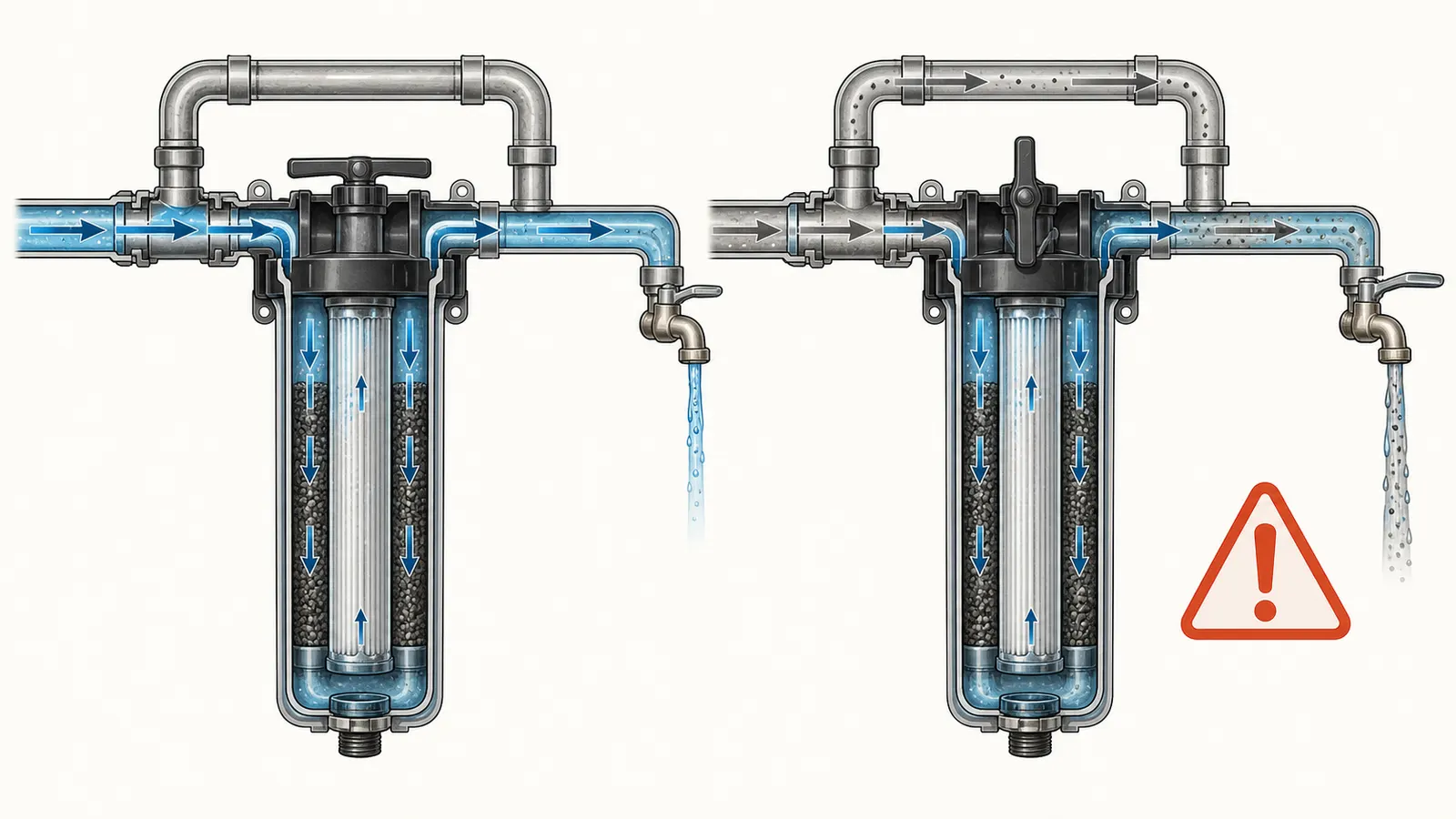 Cutaway showing a treatment bypass that can mix untreated water into a downstream sample