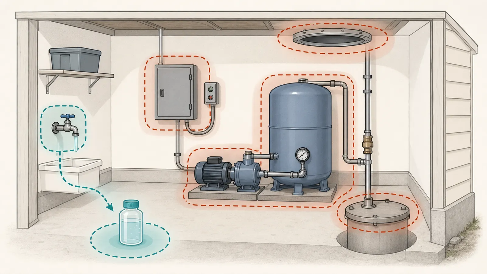 Safe observation boundary around sample faucets, pressure controls, energized wiring, and the wellhead