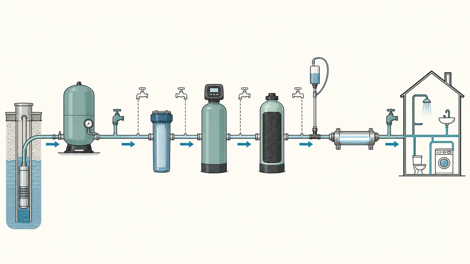 Treatment-train diagram showing source, pressure tank, treatment stages, and sample points before and after each stage