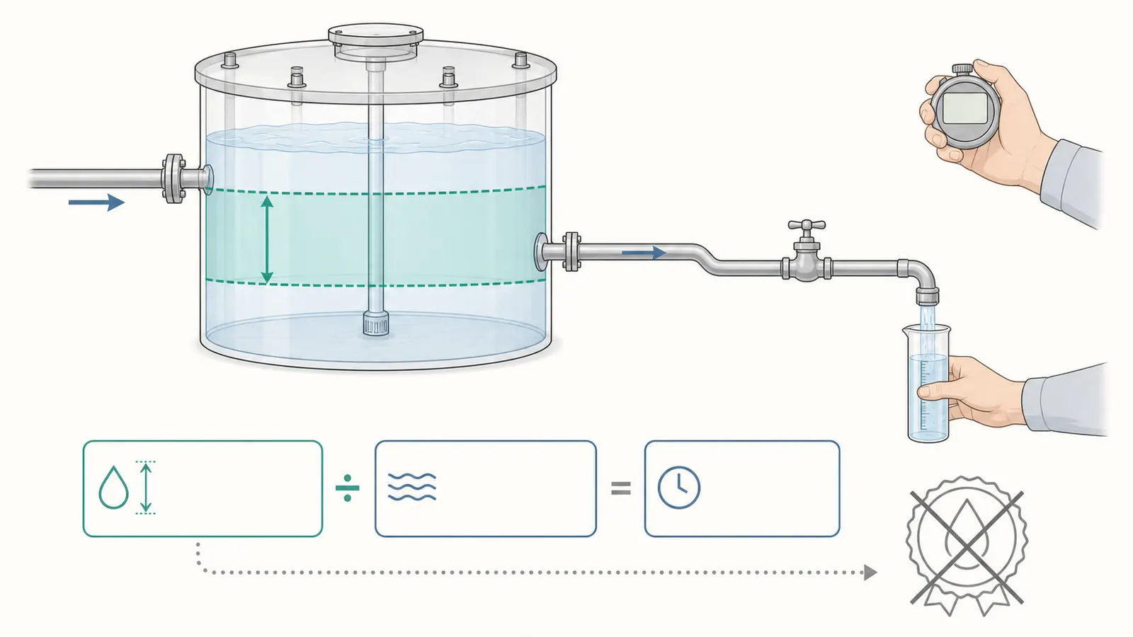 A cutaway contact tank with measured gallons, flow rate, and a simple time estimate.