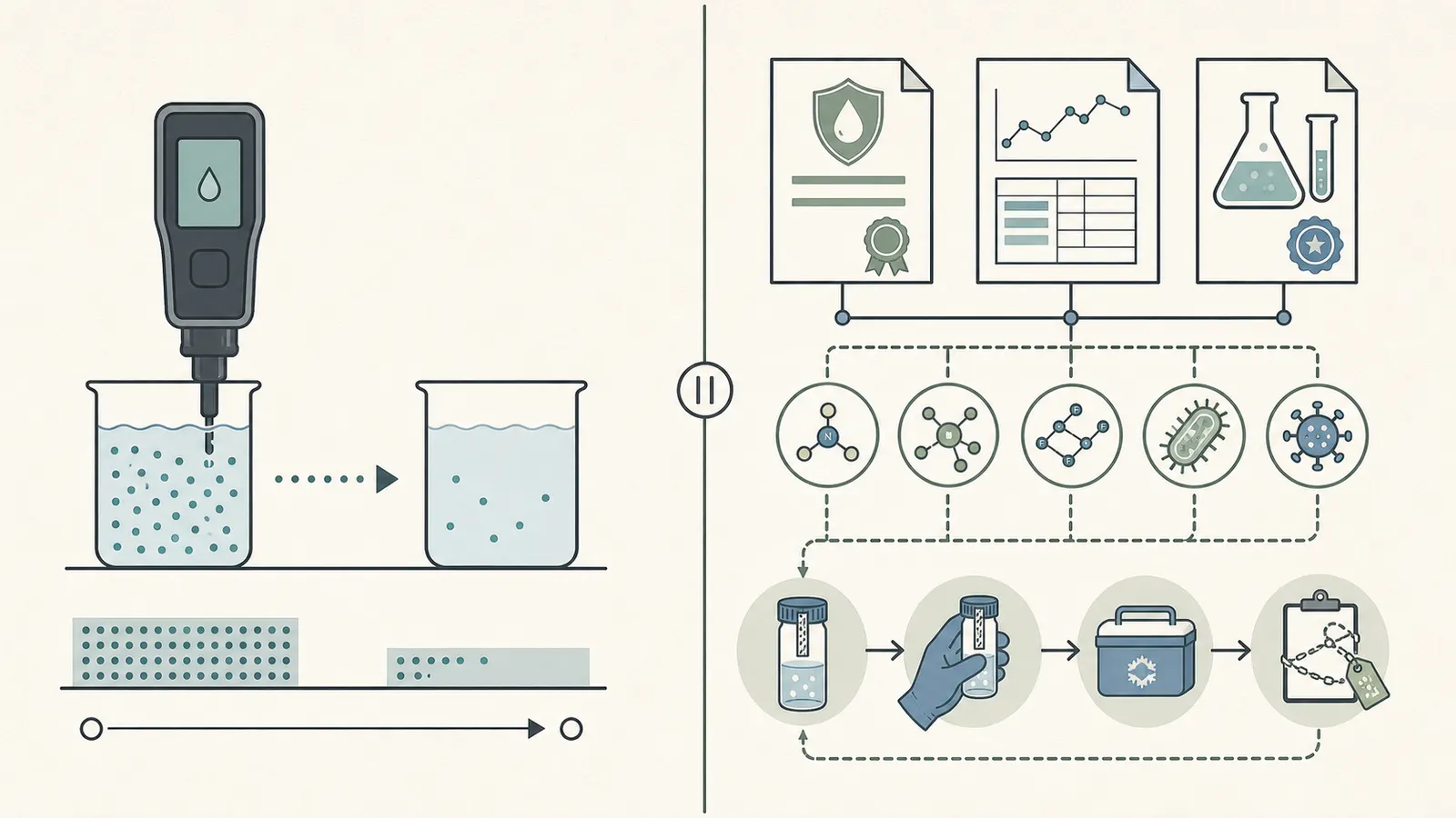 Comparison of what a TDS screen can show and what needs certification or laboratory testing