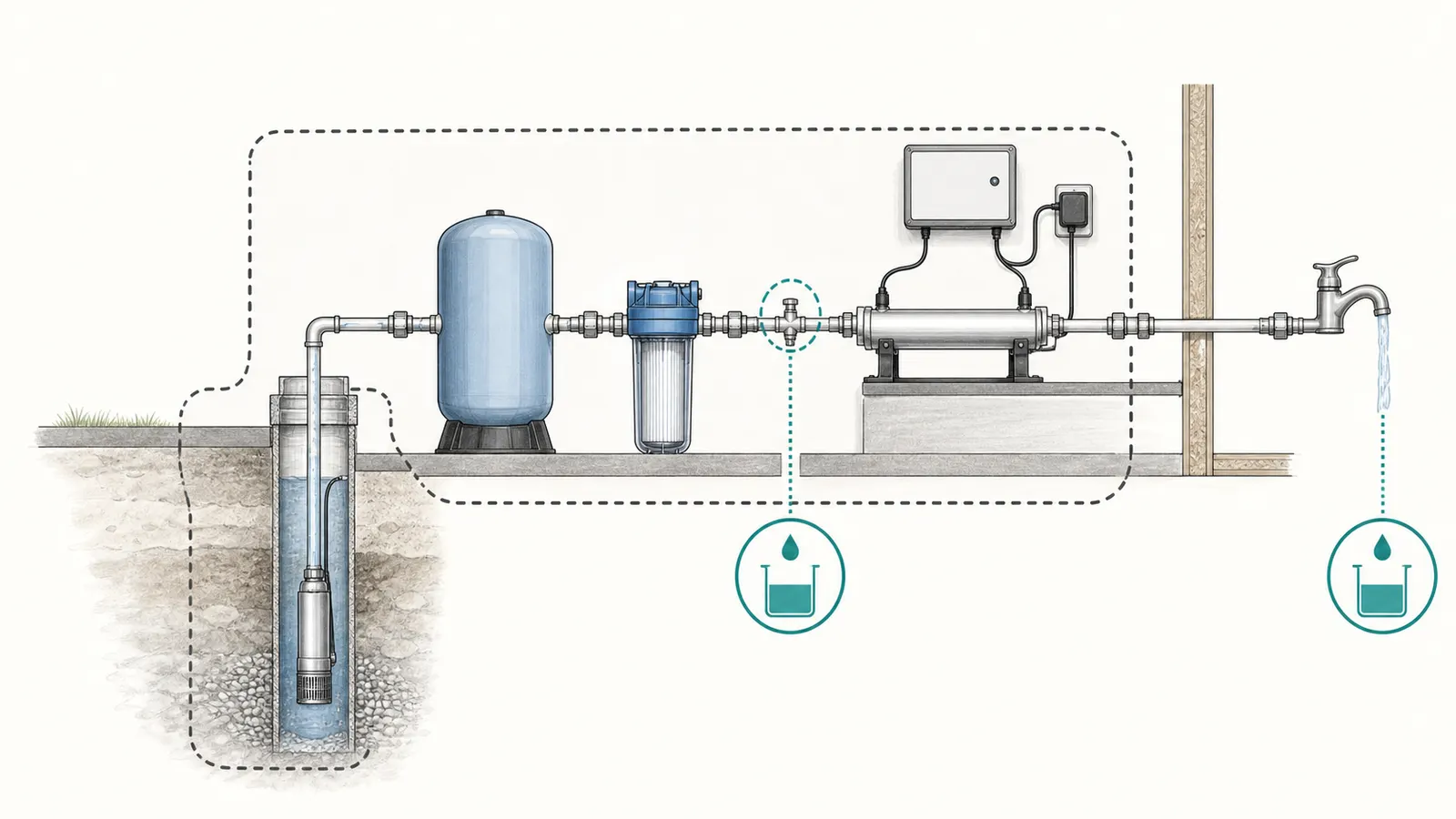 Safe flow-test layout showing a bucket at an existing faucet and an optional upstream sample valve without pipe disassembly