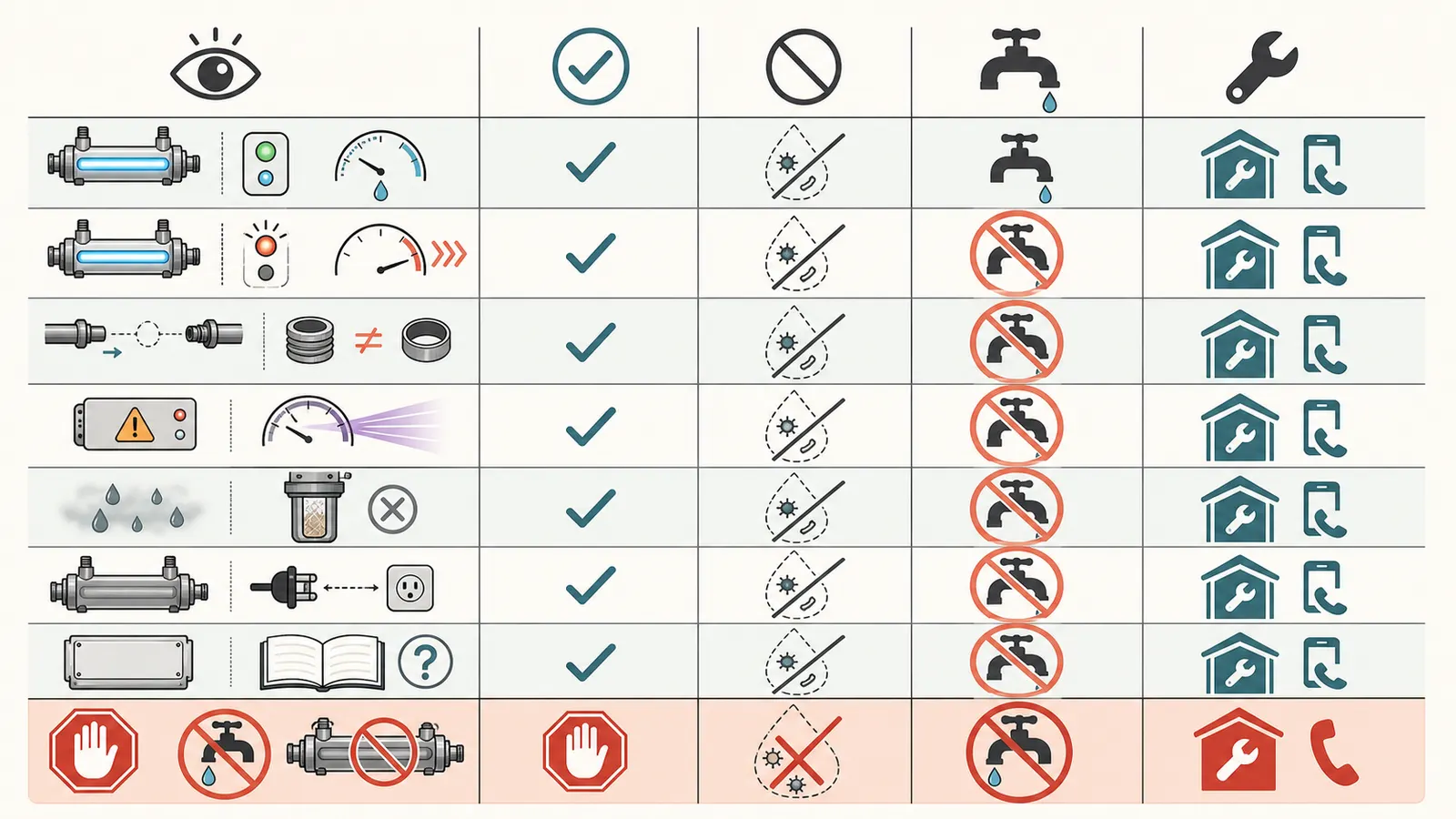 Comparison matrix for normal status, high flow, missing restrictor, alarm, low UVT, and unknown model conditions
