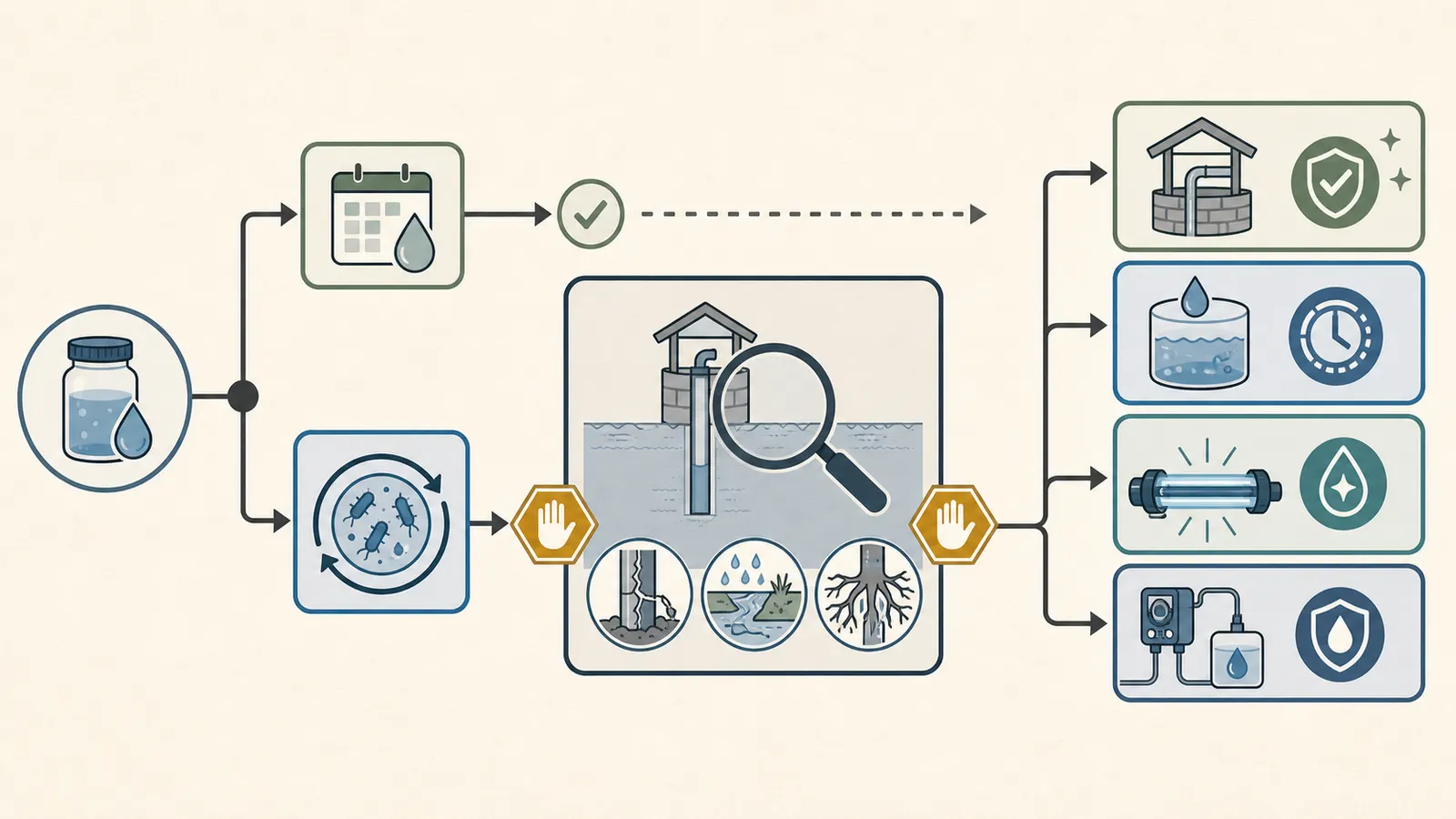 Decision map separating source correction, shock chlorination, UV, and continuous chlorination