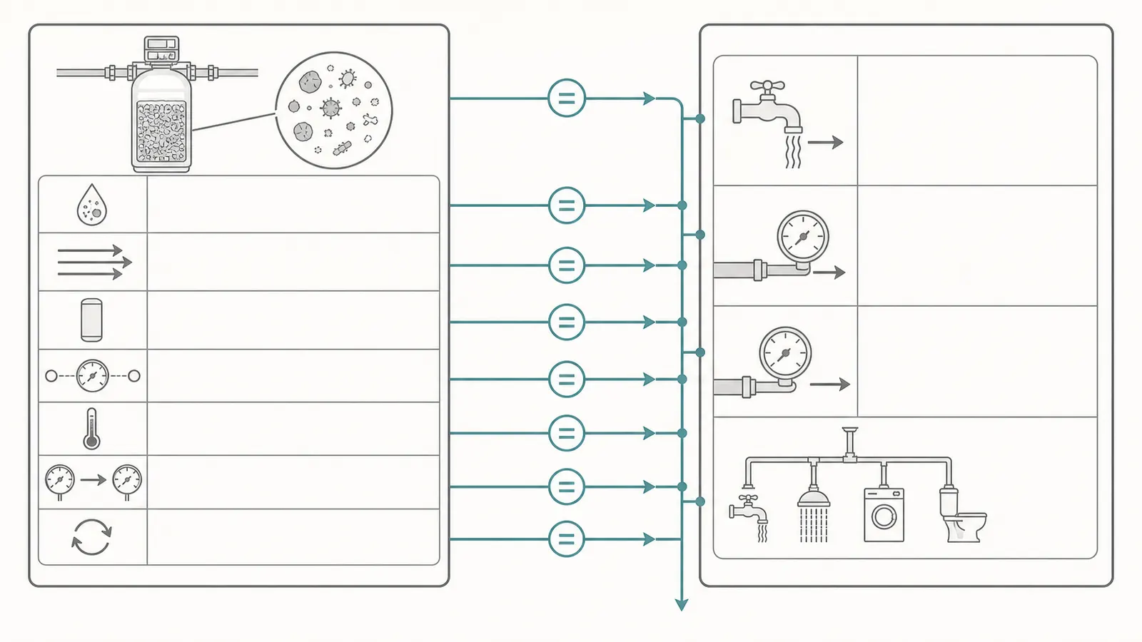Whole-house filter performance sheet compared with measured household flow and pressure