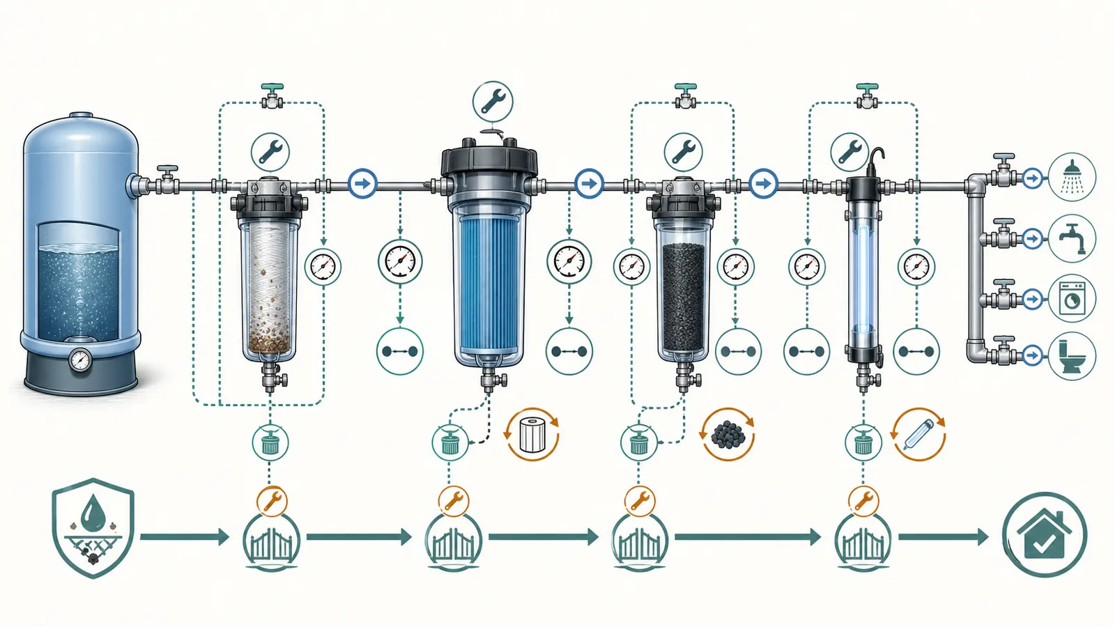 Cutaway of a well-water treatment train showing pretreatment, main filter, UV, and maintenance points