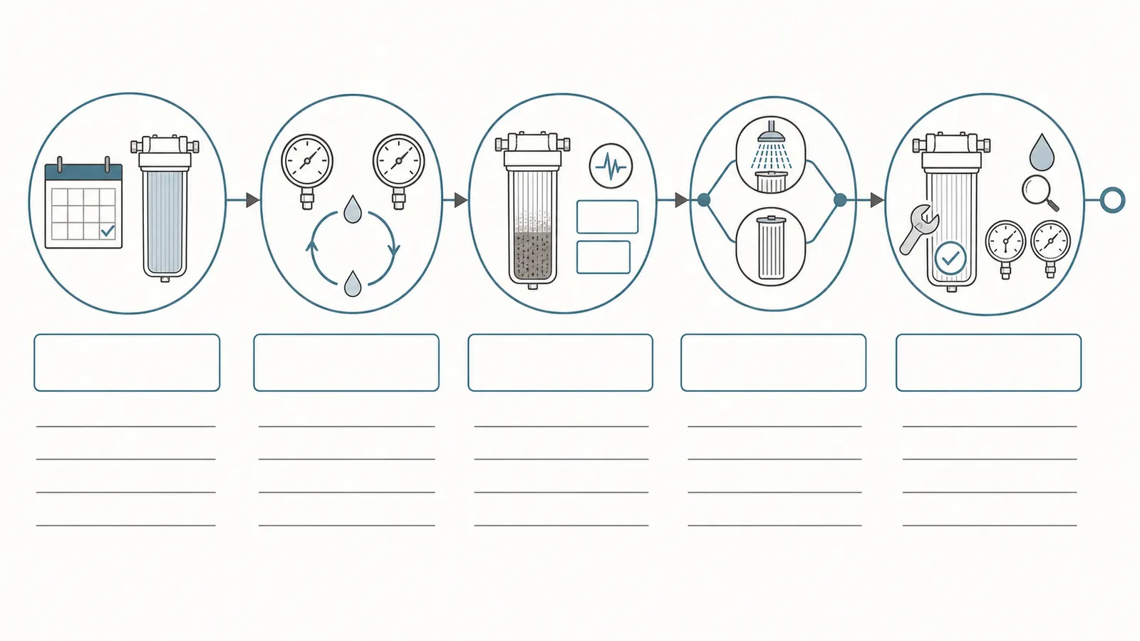 Maintenance workflow recording clean pressure, loaded pressure, service method, and post-service baseline