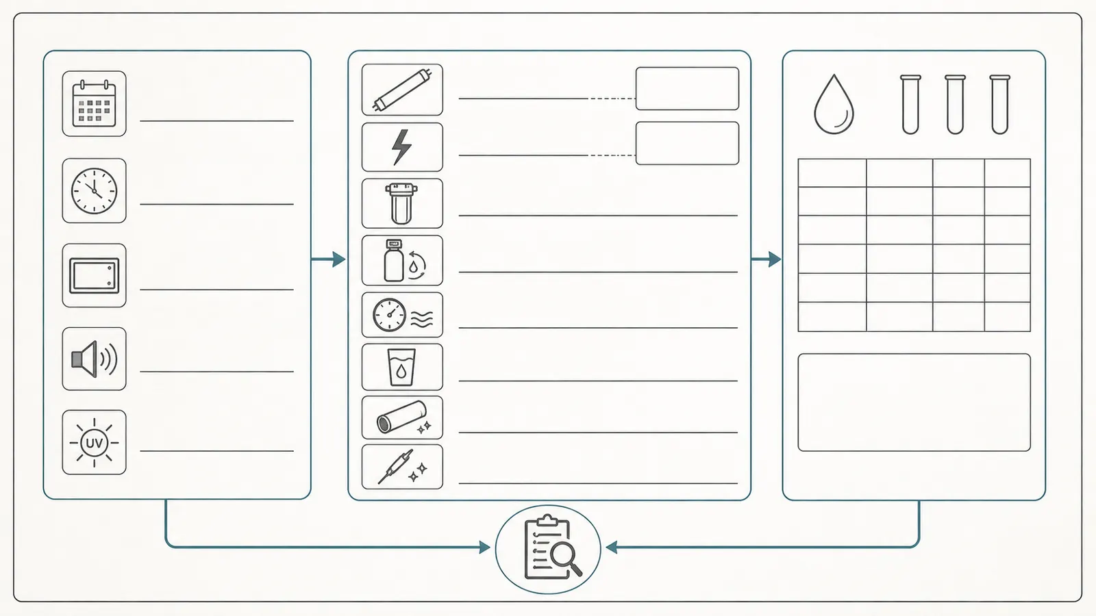 Alarm log showing code, controller state, lamp hours, water events, and last maintenance
