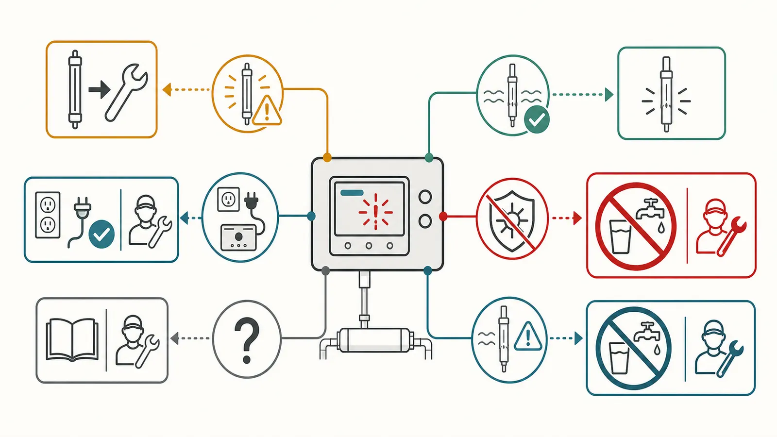 Decision map routing UV alarm states to safe checks, service, or stop-use action