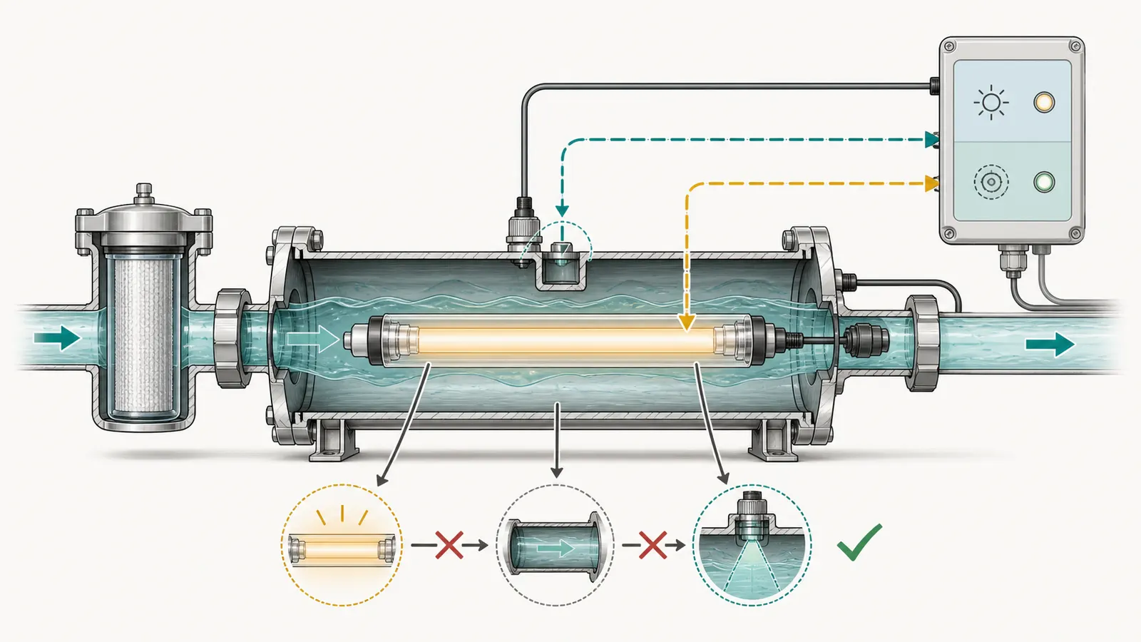 Cutaway of a UV chamber showing lamp, quartz sleeve, water path, sensor, and controller