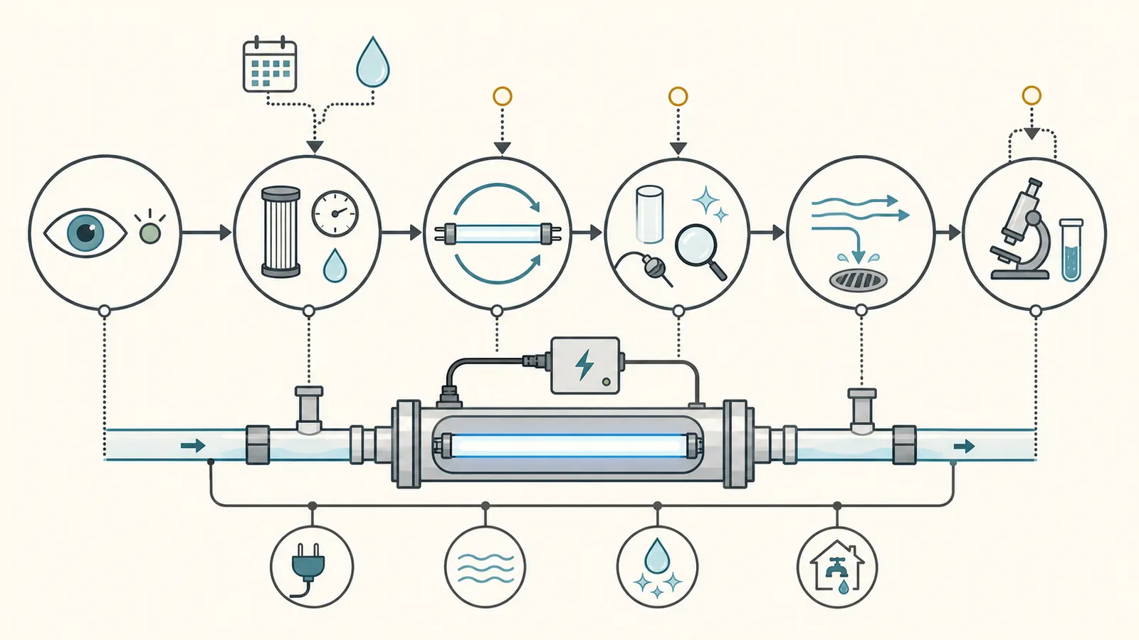 Maintenance timeline connecting lamp replacement, pre-filter changes, sleeve cleaning, and testing