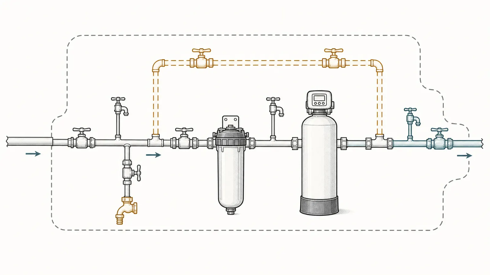 Main treated-water line with service bypass, outside-faucet branch, raw-water sample tap, and post-treatment sample tap